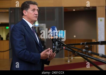 Brüssel, Belgien. 09. September 2022. Minister Eamon RYAN, der am 9. September 2022 am Hauptsitz der EU in Brüssel, Belgien, bei einem Treffen der Energieminister der EU nach Lösungen für steigende Energiepreise suchen sollte. Kredit: ALEXANDROS MICHAILIDIS/Alamy Live Nachrichten Stockfoto