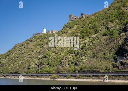 Schloss Liebenstein und Schloss Sterrenberg oberhalb des Dorfes Kamp-Bornhofen Stockfoto