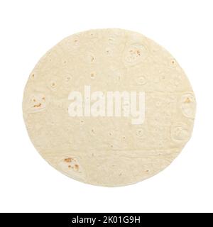 Weizenrunde Tortilla oder Pita-Lavasch-Rundbrot von oben, isoliert auf weißem Hintergrund Stockfoto