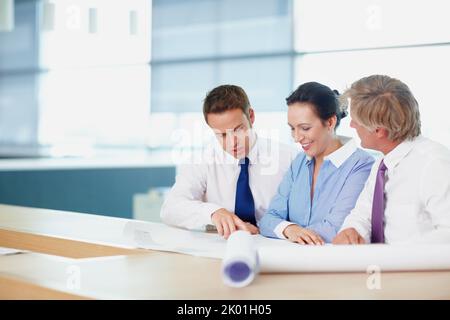 Architekten arbeiten an Plan. Drei Geschäftsleute, die sich die Blaupause angeschaut und diskutieren. Stockfoto