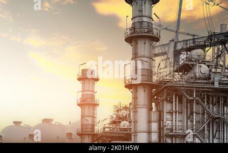 Gasturbinen-Elektrokraftwerk. Konzept der globalen Energiekrise. Erdgastank. Industriegasspeicher. LNG- oder Flüssiggasspeicherung Stockfoto