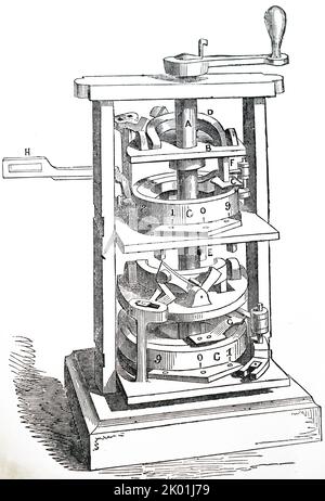 Einzelnes Fass der Rechenmaschine von George und Edward Scheutz. Basierend auf Babbages 'Difference Engine' wurde es zwischen 1837 und 1843 entwickelt. Es wurde für Dudley Observatory, Albany, New York und eine Kopie von Donkins für die Berechnung der Lebenstabellen im Somerset House gekauft. Aus Den Illustrated London News, 1853. Stockfoto