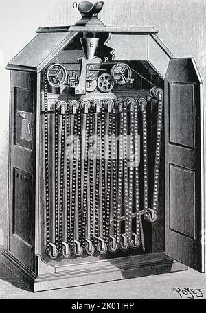 Anordnung des Celuloidfilms in Edisons Kinetoskop. Von La Nature, 1887, Paris. Stockfoto