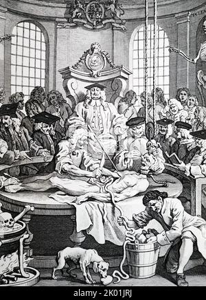 Der Lohn der Grausamkeit. Die letzte von Hogarth's vier Platten mit dem Titel die vier Stadien der Grausamkeit. Nach der Hinrichtung wurde der Leichnam des Mörders in die Chirurgen-Halle gebracht und hier unter dem Blick des Präsidenten zerlegt. Gravur 1751. Stockfoto