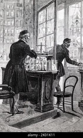 Postbote, der einen Brief an den Laden eines französischen Apothekers übergab, 1883. Stockfoto