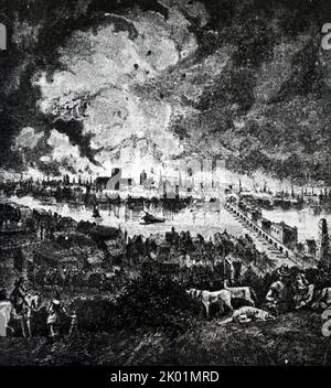 The Fire of London, 1666. Blick vom Südufer der Themse aus, auf dem Old Saint Pauls gegen die Flammen silhoutiert ist. Stockfoto