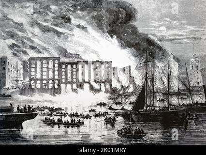 Brennen von Cotton's Wharf, Southwark, während des Feuers in der Tooley Street. Stockfoto