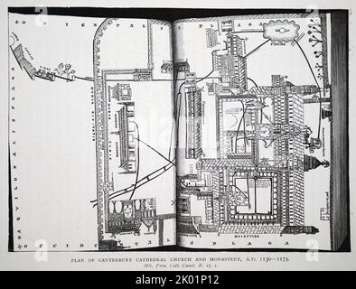 Plan der Kathedrale von Canterbury, der Kirche und des Klosters, 1130-1174. Stockfoto