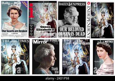 Britische Zeitungen, die den Tod von Königin Elizabeth II am 8.. September 2022 markieren. Die gezeigten Papiere wurden einen Tag später am 9.. September veröffentlicht. Stockfoto