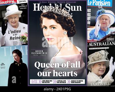 Weltzeitungen zum Tod von Königin Elisabeth II. Am 8.. September 2022. Die gezeigten Papiere wurden einen Tag später am 9.. September veröffentlicht. Stockfoto