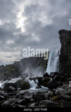 Der Wasserfall Oxararfoss im Thingvellir UNESCO-Weltkulturerbe, Island Stockfoto