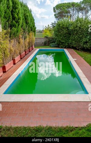 Pool mit trüb-grünem Wasser aufgrund der Anwesenheit von Algen und Schmutz Stockfoto