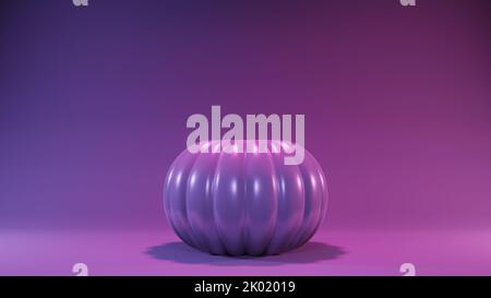 3D Rendering von Low Poly Kürbis vor violettem Hintergrund mit leerem Platz für Text, Neon Trendlicht Stockfoto
