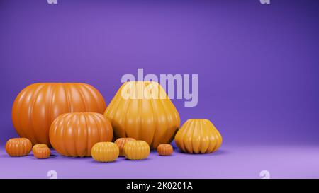 3D Rendering von Low-Poly-Kürbis vor violettem Hintergrund mit leerem Textraum Stockfoto