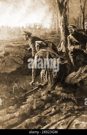 WWI - Eine Nacht britische Rekonnoiterpatrouille Einheit von Soldaten, die an der Westfront nahe Ypern vorrücken. ----- Stockfoto