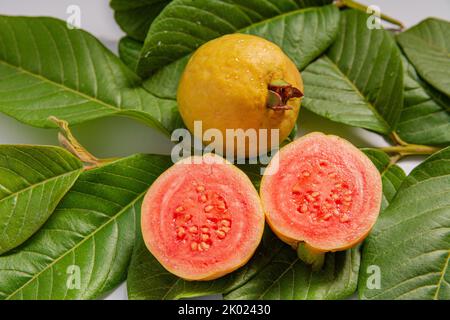 Reife gelbe Früchte und Guava-Blätter auf weißem Grund. Schöne Früchte der gemeinsamen tropischen Frucht Psidium guajava. Stockfoto