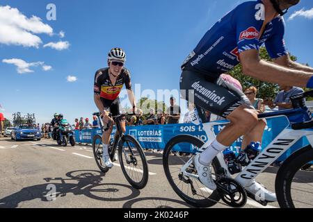 Der Belgier Tim Merlier von Alpecin-Deceuninck, abgebildet in Aktion während der Etappe 19 der Ausgabe 2022 der 'Vuelta a Espana', Rundfahrt durch Spanien, 138,3km mit Start und Ziel in Talavera de la Reina, Spanien, Freitag, 09. September 2022. BELGA FOTO DAVID PINTENS Stockfoto