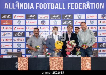 Kalkutta, Indien. 09. September 2022. Der neu gewählte Präsident des AIFF (ALLE INDISCHEN FUSSBALLVERBANDS), Herr Kalyan Chaubay (ehemaliger indischer Fußballspieler), trifft die Presse von Kalkata im Hotel Hindustan International. (Foto von Amlan Biswas/Pacific Press) Quelle: Pacific Press Media Production Corp./Alamy Live News Stockfoto