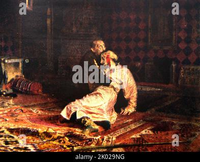 Ivan der schreckliche und sein Sohn Ivan am 16. November 1581. Gemälde des russischen realistischen Künstlers Ilya Repin zwischen 1883 und 1885. Das Werk zeigt einen trauernden Iwan, den schrecklichen, seinen tödlich verwundeten Sohn, den Zarewitsch Iwan Iwanowitsch, umradelnd. Es wird angenommen, dass Zar Ivan selbst seinem Sohn den tödlichen Schlag versetzt hat Stockfoto