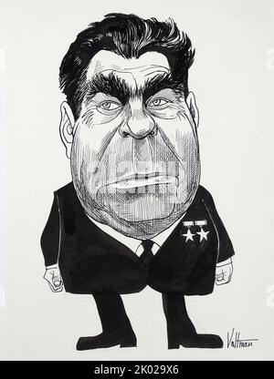 Karikatur des sowjetischen Führers Leonid Breschnew von Edmund Waltman, Künstler. Veröffentlicht: 1968. Breschnew trägt einen dunklen Anzug und zwei Medaillen. Als kommunistischer Parteifunktionär und Vorsitzender des Präsidiums dominierte er die Regierung zwischen 1964 und seinem Tod im Jahr 1982 Stockfoto