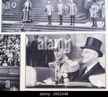 König George VI. Und Präsident Roosevelt sitzen bei seinem Besuch in den Vereinigten Staaten von Amerika, USA, 1939 zusammen in einem Auto, das im Times-Zeitungsgedenken nach dem Tod des Königs im Februar 1952 in London, Großbritannien, vorgestellt wurde Stockfoto