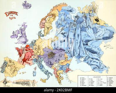 Carte Symbolique de l'Europe Guerre liberatrice de 1914-1915 von Cretee; Lithographie. Satirische Karte von Europa im Jahr 1914, die nationale Symbole und Stereotypen zeigt, um Länder zu repräsentieren, darunter England als Schiffe, Deutschland als Bulle, der die französische Marianne auf einem Hahn auflädt, als Zar Nikolaus II. Von Russland den deutschen Bullen stampft Stockfoto