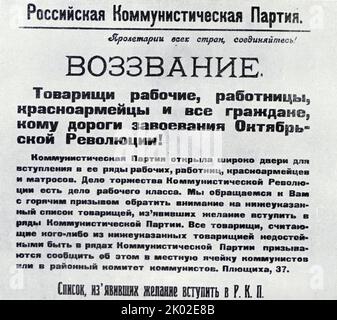 Ein Appell an die Werktätigen in den Tagen der Parteiwoche. Während des russischen Bürgerkrieges 1919. Stockfoto