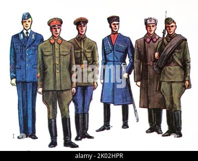 Die Proben der Uniformen des Kommandos und des Ranges der Roten Armee. 1935-1940. Stockfoto