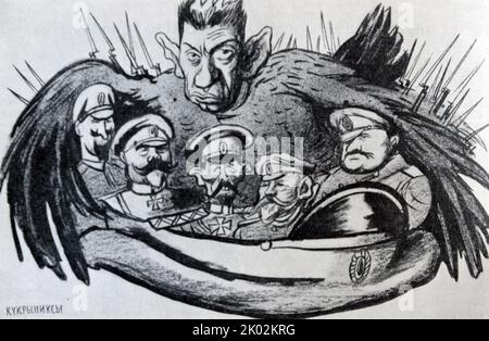 Eine Karikatur von Kerenski und General Kornilow durch Kukryniksy. Lawr Georgijewitsch Kornilow (1870. - 13. April 1918) war während des Ersten Weltkriegs und des darauf folgenden russischen Bürgerkrieges ein russischer General. Heute erinnert man sich am besten an ihn wegen der Kornilow-Affäre, einer erfolglosen Bemühung im August/September 1917, die die Provisorische Regierung von Alexander Kerenski stärken sollte, die jedoch dazu führte, dass Kerenski Kornilow schließlich verhaftet und beschuldigt wurde, einen Putschversuch unternommen zu haben Stockfoto