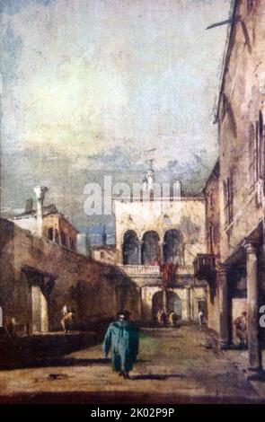 Venezianischer Innenhof. Öl. F. Guardi. 1770s. Francesco Lazzaro Guardi (1712 - 1793) war ein italienischer Maler, Adliger und Mitglied der venezianischen Schule. Stockfoto