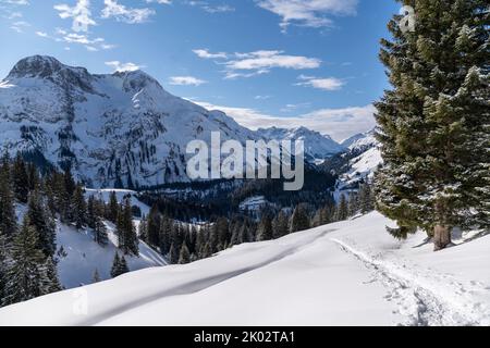 Schneeschuhwanderung am Arlberg, Spuren im Schnee Stockfoto