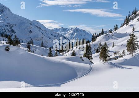 Schneeschuhwanderung am Arlberg, Spiren im Schnee Stockfoto