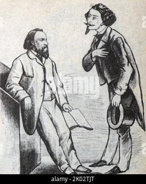 Karikatur der Reden der antidemokratischen russischen Presse gegen Alexander Iwanowitsch Herzen (1812 - 1870), den russischen Schriftsteller und Denker, der als "Vater des russischen Sozialismus" bekannt ist. Aus der Zeichnung von A. Juschanow. (Unter der Karikatur gibt es eine Beschriftung: Sie sind nicht wütend auf mich, Alexander Iwanowitsch, ich respektiere Sie von ganzem Herzen und halte Sie für eine ehrliche Person, aber jetzt spreche ich gegen Sie, es ist nur aus einer kommerziellen Berechnung: Weißt du, dein Hemd ist näher am Körper. ) Stockfoto