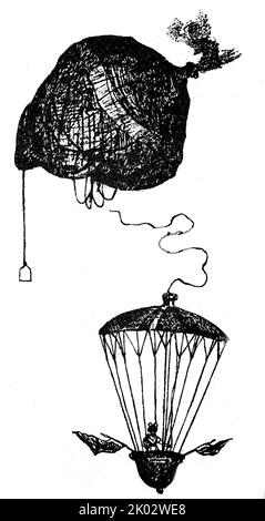 Eine alte Zeichnung des Fallschirmabstiegs von Eliza Garnerin. Sie war eine französische Ballonfahrerin und Fallschirmspringer. Sie war die Nichte des Pionierparachutisten Andre-Jacques Garnerin und nutzte seinen Namen und die Neuheit einer Frau, die damals äußerst gewagte Kunststücke vorführte. Stockfoto