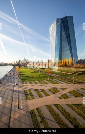 Deutschland, Hessen, Rhein-Main-Gebiet, Frankfurt am Main, Main, Europäische Zentralbank, EZB an einem sonnigen Herbsttag, mit grüner Pflanze und bunten Herbstblättern im Vordergrund Stockfoto