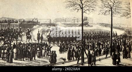 Der Aufstand auf dem Senatsplatz in St. Petersburg am 14. Dezember 1825. Aus einem Gemälde des Künstlers K. I. Kohlman. Stockfoto