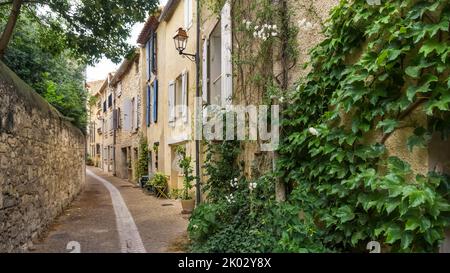 Rue des Carrierrettes in Peyriac de Mer. Die Gemeinde liegt im Regionalen Naturpark Narbonnaise en Méditerranée. Stockfoto