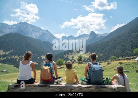 Eine Gruppe von Menschen, die von hinten auf einem großen Baumstamm sitzen und eine majestätische Berglandschaft betrachten Stockfoto