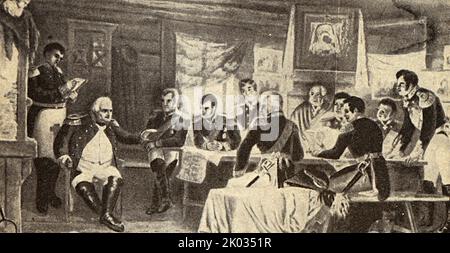 Militärrat in Fili. Aus einem Gemälde des Künstlers A. D. Kiwschenko. Der Rat von Fili war ein militärrat, der am 13. September 1812 nach der Schlacht von Borodino während der französischen Invasion Russlands durch Oberbefehlshaber Michail Kutusow im Dorf Fili, westlich von Moskau, einberufen wurde. Stockfoto