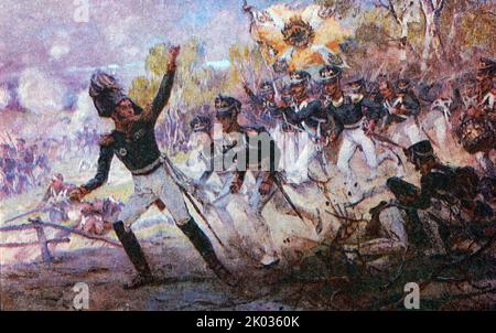 General Rayevski führte seine Männer in der Schlacht von Saltanovka, auch bekannt als die Schlacht von Mogilev, in den Kampf. 23. Juli 1812. In den frühen Stadien der französischen Invasion Russlands im Jahr 1812. Stockfoto