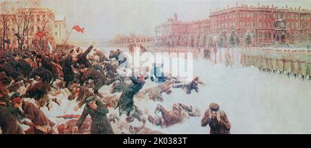 Blutiger Sonntag. Schießende Arbeiter in der Nähe des Winterpalastes. Gemälde von Ivan Vladimiriv. Lackiert 1917. Blutiger Sonntag, 22. Januar 1905 in St. Petersburg, Russland, als unbewaffnete Demonstranten, angeführt von Pater Georgy Gapon, von Soldaten der Kaisergarde auf den Weg zum Winterpalast geschossen wurden, um dem russischen Zaren Nikolaus II. Eine Petition zu überbringen. Stockfoto