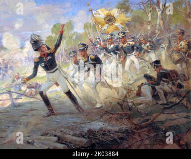 General Rayevski führte seine Männer in der Schlacht von Saltanovka in den Kampf. 1812. Stockfoto