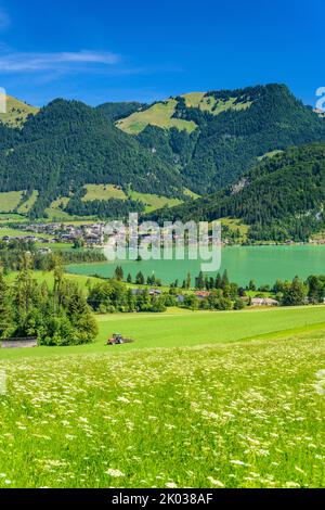 Österreich, Tirol, Kaiserwinkl, Walchsee mit Dorfblick, Blick von der Lippenalm hinauf Stockfoto