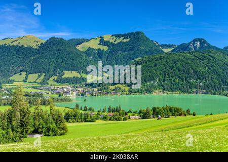 Österreich, Tirol, Kaiserwinkl, Walchsee mit Dorfblick, Blick von der Lippenalm hinauf Stockfoto