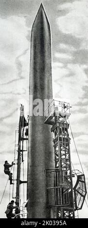 Rakete zum Start von Vostok 1, der ersten Raumfahrt des Vostok-Programms und der ersten menschlichen Raumfahrt in der Geschichte. Die Wostok-Raumkapsel wurde am 12. April 1961 vom Kosmodrom Baikonur aus mit dem sowjetischen Kosmonauten Juri Gagarin an Bord gestartet. Stockfoto