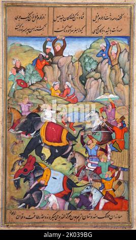 Die Niederlage Timurs des Sultans von Delhi, Nasir Al-DIN Mahmum Tughluq, im Winter 1397-1398. Timur (1336 - 1405), später Timur Gurkan, ein turkmongolischer Eroberer, der das timuridische Reich in und um das heutige Afghanistan, den Iran und Zentralasien gründete und zum ersten Herrscher der timuridischen Dynastie wurde. Als unbesiegter Kommandant gilt er weithin als einer der größten militärischen Führer und Taktiker der Geschichte. Stockfoto