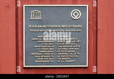 Norwegen, Vestfold Og Telemark, Rjukan, Mæl, Wand, Plakette, UNESCO-Weltkulturerbe Stockfoto