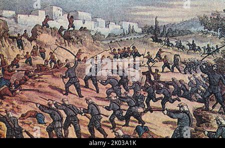 Schlacht von Plevna. Die Belagerung von Plevna oder die Belagerung von Pleven war eine große Schlacht des russisch-türkischen Krieges von 1877-1878, die von der gemeinsamen Armee Russlands und Rumäniens gegen das Osmanische Reich geführt wurde. Stockfoto
