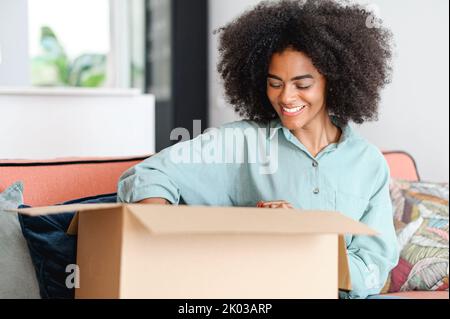 Zufrieden mit der Lieferung Zufriedene Kundin Auspacken Karton, aufgeregt afroamerikanische Frau froh, ein Paket zu bekommen, online zu bestellen, überglücklich Mädchen zu Hause Stockfoto