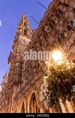 Blick auf das Rathaus und den Rathausturm. Brüssel, Belgien. Stockfoto
